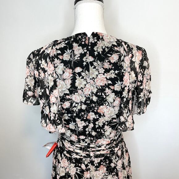 Mac Duggal Floral Print Flutter Sleeve A Line Dress Gown Black 11266 Size 6 New - Picture 11 of 16